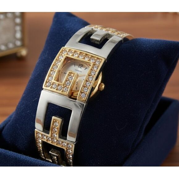 Guess Wrist Watch Vintage Goldtone Silver Rhinestone G Bangle Hidden Face Quartz main image 6